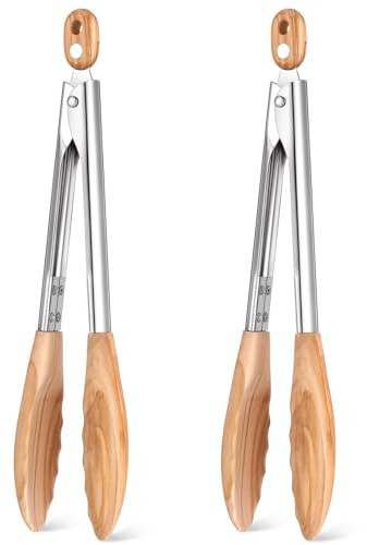 Baderke 2 Pcs Olive Wooden Kitchen Tongs for Cooking Wooden Utensil Set Salad Tongs with Wood Tips for Serving Salad Flipping Burgers Grilling and Much More, 11.4 Inch