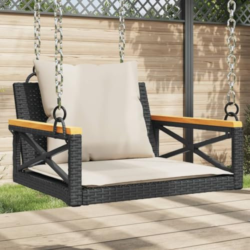 Rantry Schaukelbank mit schwarzen Kissen, 63 x 62 x 40 cm, aus Polyrattan, Bank für Balkon, Terrasse & Garten