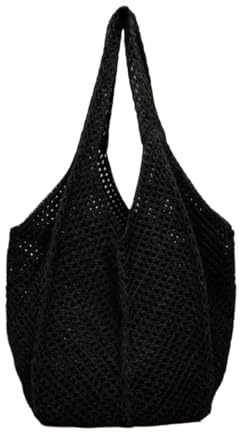 AYWTIUN Bolsos Tejidos Crochet Bolso de Mano de Ganchillo for Mujer, Bolso Tejido a la Moda, Bandolera Tejido de Gran Capacidad, Bolso for Compras Sencillo de Color sólido for Playa de Verano(Black)