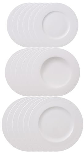 Villeroy & Boch White Pearl Lot de 18 assiettes plates (27 cm), assiettes creuses (24 cm) et assiettes à petit-déjeuner (22 cm) pour 6 personnes, service de table classique avec relief, porcelaine de