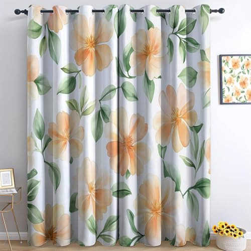 Vorhänge Blickdichte mit Ösen Gardinen 2er Set Pflanzenpfirsichblüte Blätter Verdunkelungsvorhang Orange Grün Thermovorhang Ösenvorhang Schiebevorhänge für Schlafzimmer Wohnzimmer B 200 x H 245 cm