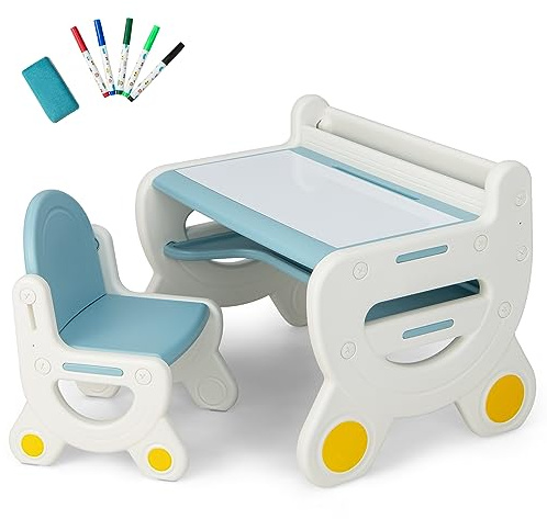 DREAMADE 2 IN 1 Kindertisch mit Stuhl, Kindersitzgruppe mit Whiteboard, Marker & Radierer, Kinder Tisch Stuhl Set mit Ablagefach, multifunktionales Kindermöbel für Kinder ab 3 Jahren (Blau)