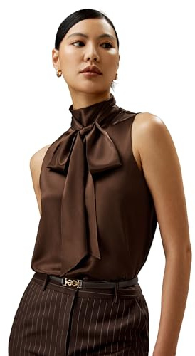 LilySilk Chemisier en Soie Pure pour Femme, Blouse sans Manches pour Femme, Coupe décontractée, avec nœud au col, Haut Polyvalent Facile à Assortir avec différents vêtements L, Chocolat