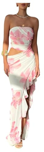 Milumia Women's Floral Cut Out Vacation Dress Ruffle Asymmetrical Strapless Sundress Long Dresses Pink and White Medium