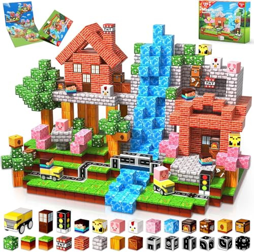 GraceDuck Magnetiska byggstenar 100 delar byggleksaker grönt och gata magnetiska byggstenar Montessori kreativa magnetiska leksaker från 3–9 år pojke och flicka magnetiska block, presenter för barn