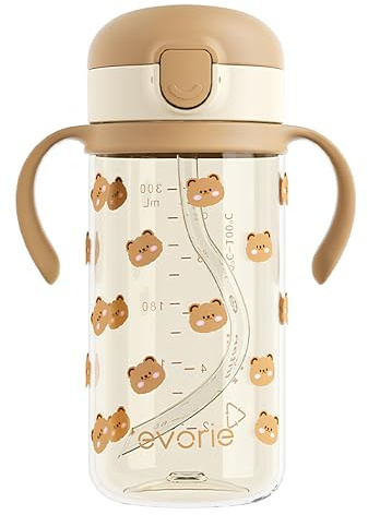 Evorie Tritan Trinkflasche mit Silikon-Strohhalm, auslaufsichere Strohhalm-Flasche für Kinder im Alter von 1-3 Jahren, 300 ml, abnehmbare Griffe, ideal für die Schule (Honigbär)