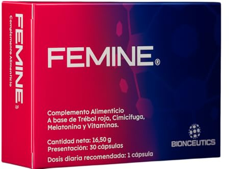 FEMINE® Alivia Síntomas de la Menopausia | con Cimicífuga Trébol rojo, Melatonina y Vitaminas B D E | Mejora el Sueño, Fortalece Huesos y Disminuye el Cansancio | 30 comprimidos 100% naturales