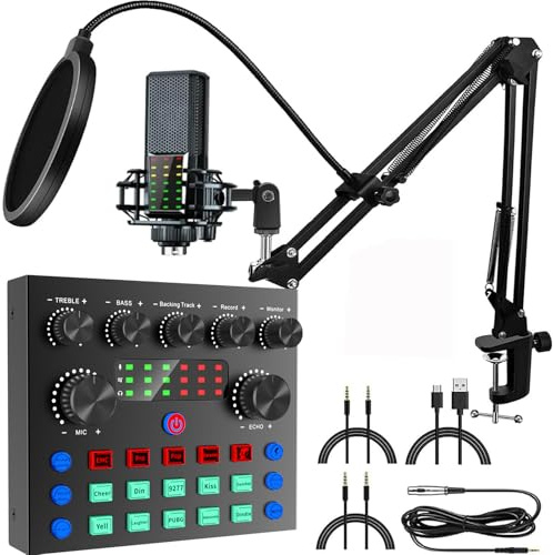 Audio Interface Podcast Equipment Bundle, focombance All-in-One DJ Mixer Audio Streaming Podcast Microphone Studio Condenser Mic Kit Gaming PC Phone Karaoke Recording Card Sound Live Voice Changer