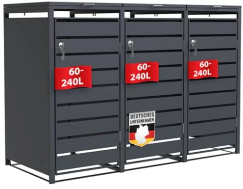 Floordirekt Mülltonnenbox 3er für 3 Mülltonnen für 60-240 L - Anthrazit - inkl. Erweiterungsmöglichkeit - Mülltonnenhäusschen, Mülleimerboxen, Müllhaus, Müllbox, Magnus