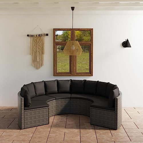Teenpull Ensemble de 6 canapés de jardin, en polyrotin gris, forme éventail, meubles de salon pour terrasse et balcon, canapé d'extérieur résistant aux intempéries, avec coussins confortables