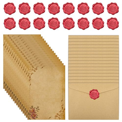 16 Stück Vintage Briefpapier Set mit Umschlägen, A5 Kraftpapier Briefe & 16 Wachssiegel-Sticker für romantische Liebesbriefe, Hochzeit, Einladungen (Style B)