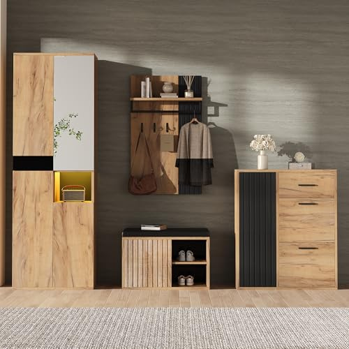 Lcoho Garderobenset Wandgarderobe, 4-teiliges Set bestehend aus Kleiderschrank, Schuhschrank, Schuhbank und Garderobe;Naturholzfarbe und Schwarz Maße: 215 * 36 * 190cm (B×H×T)