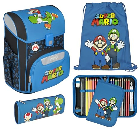 Scooli - EasyStart set di zaino scolastico - zaino scolastico ergonomico per la scuola primaria - set composto da più pezzi - Super Mario