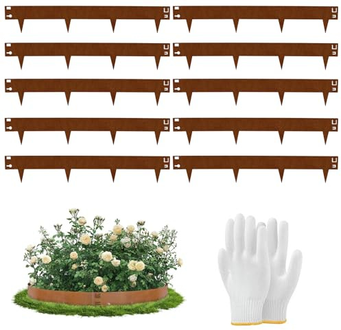 Metal Garden Edging 10 Panels, 16cm x 8.4m Total Length, Galvanised Steel Lawn Edging Border with Spikes, Rust-Resistant Garden Border with Rust-Effect Finish for Flower Beds, Lawns and Pathways
