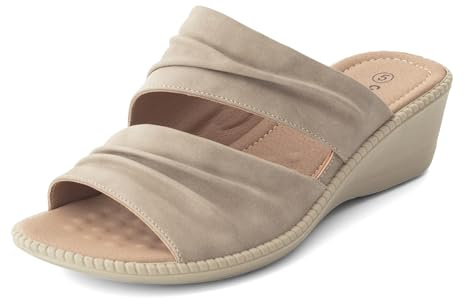Cushion Walk Extra Wide EEE Fit Sandals for Women, Slip-On Double Strap Ruched Open Toe Low Wedge Ladies Mules with Padded Insole, Comfortable Lightweight Faux Leather Summer Shoes (Size 5 UK, Beige)
