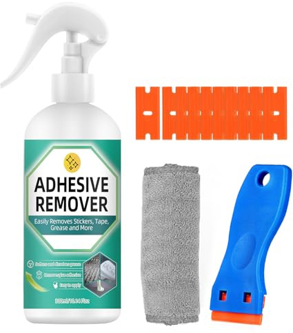 Dissolvant Colle Puissant, Enlève Autocollants, Étiquettes, Résidus de Colle et Ruban Adhésif, Décapant Adhésif sans Danger pour Toutes Surfaces, Inclut Grattoir en Plastique (300ml)