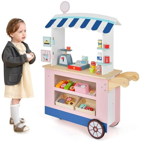 DREAMADE Kaufladen aus Holz, Kaufmannsladen mit 30 Zubehörteilen, Verkaufswagen mit 3 Rädern, Schiebegriff & Baldachin, Spielset Rollenspiele für Kinder ab 3 Jahren (Rosa)