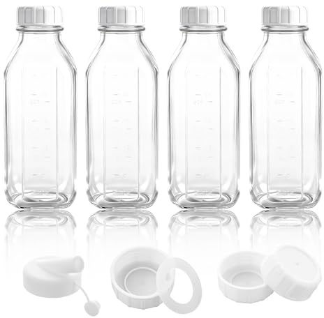 MEIDIV 4 Pack Glass Milk Bottles with Lids, 1000 ml/32oz Glass Juice Bottles with Lids Airtight, Milk Storage Bottles Container with Clearn Mark, Smoothie Bottle for Fridge