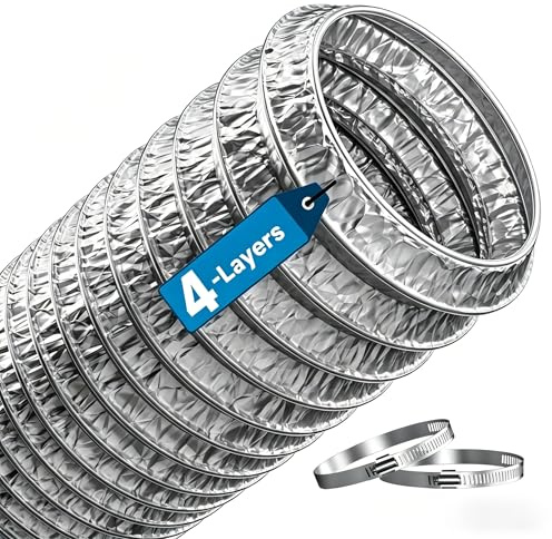 Hon&Guan Alurohr Abluftschlauch 150mm X 2,5m, Hitzebeständiger 4 Lagig Warmluftschlauch, Alu Flexrohr mit 2 Schlauchschelle Edelstahl für Klimaanlagen, Abzugshaube, Abluftventilator, Trockner, Silber
