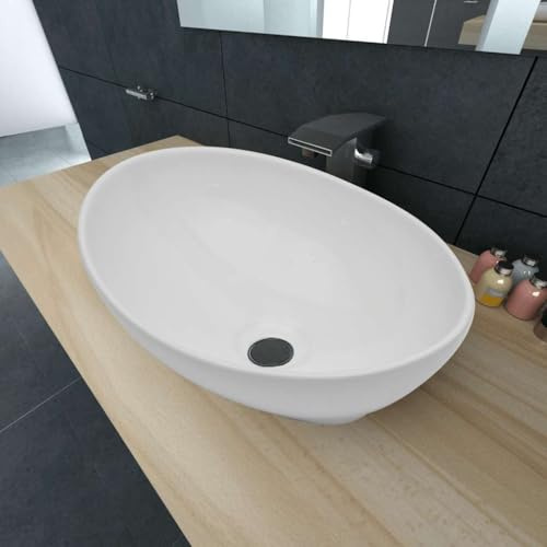 Lavabo ovale in ceramica, bianco, 40 x 33 cm, lavabo da appoggio per WC e bagno degli ospiti, moderno, piccolo lavandino sospeso