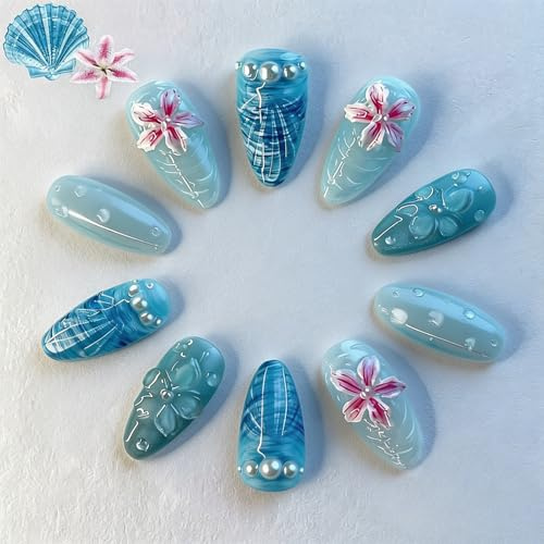 Tastetreasure 30 Stück Sommer Ozean Press on Nails, 3D Perlen Blau Ombre Künstliche Fingernägel mit Klebepads Set, Glänzende Mandel Kunstnägel für Damen Strandurlaub DIY