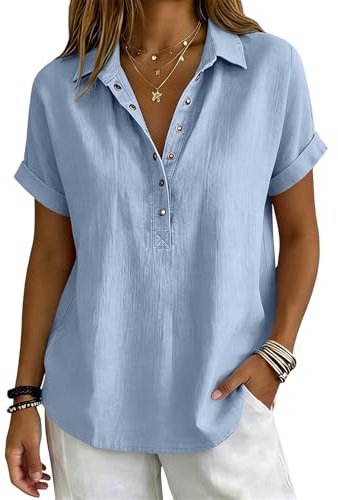Vetement Femme Été Polo T Shirt Chic et Élégant Coton et Lin Manches Courtes Col à Revers Chemisier avec Boutons Décontractée Couleur Unie Tunique Blouse Doux et Confortable Chemise Extérieur Bureau