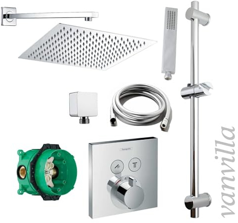 vanvilla Duschsystem Unterputz mit Duscharmatur Hansgrohe poliert HG10 | Duscharmatur von Hansgrohe Logis Einhebelmischer und vanvilla Regendusche Duschkopf eckig, Duschstange Dusch-SET poliert