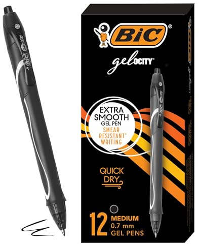 BIC Gelocity Quick Dry Black Gel Pens, Medium Point (0.7mm), 12-Count Pack, Retractable Gel Pens With Comfortable Full Grip