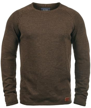 BLEND BHDan Pull en Maille Fine Pull à col Rond Mélange de Coton Patch de Label Regular Fit