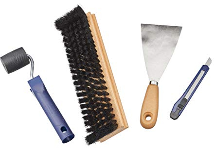 4 Teiliges Maler Bedarf Tapezierset - Malerspachtel 80mm - Tapeziermesser 9mm - Tapezierbürste - Andrückroller