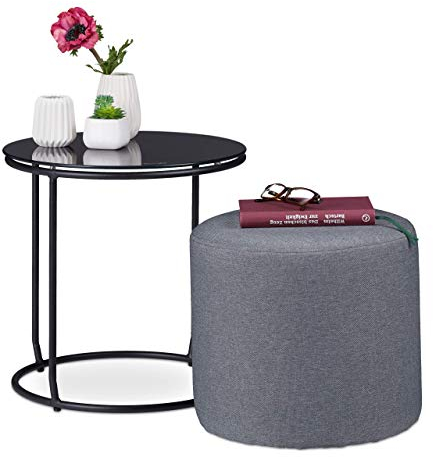 Relaxdays Beistelltisch mit Hocker, rund, Couchtisch und Pouf Kombination, platzsparend, HxD 40x40cm, schwarz und grau