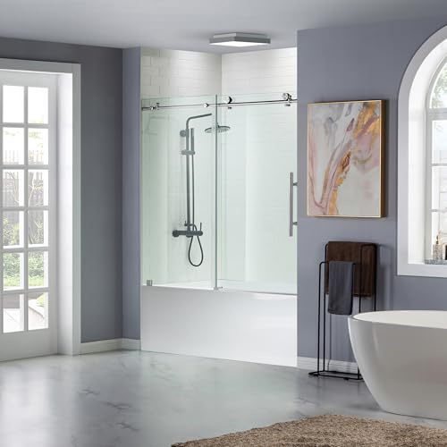 WOODBRIDGE MBSDC 6062-C Frameless Bathtub Shower Doors 56-60 Width x 62 Height with 3/8(10mm) Clear Tempered Glass in Polished Chrome Finish