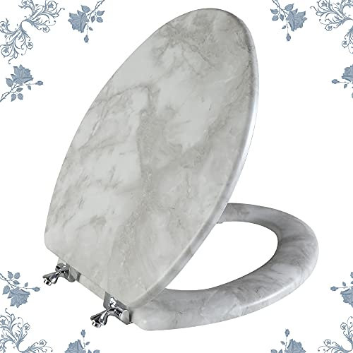 Angol Shiold Elongated Marble Toilet Seat with Zinc Alloy Hinges, Easy to Install and Clean, Anti-pinch (Gray)