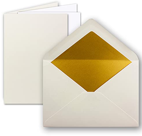 FarbenFroh by GUSTAV NEUSER 25 Sets - Faltkarten DIN A5 - Naturweiß (weiß) mit Umschläge DIN C5 mit Gold Metallic Futter und weißen Einleger - 14,8 x 21 cm