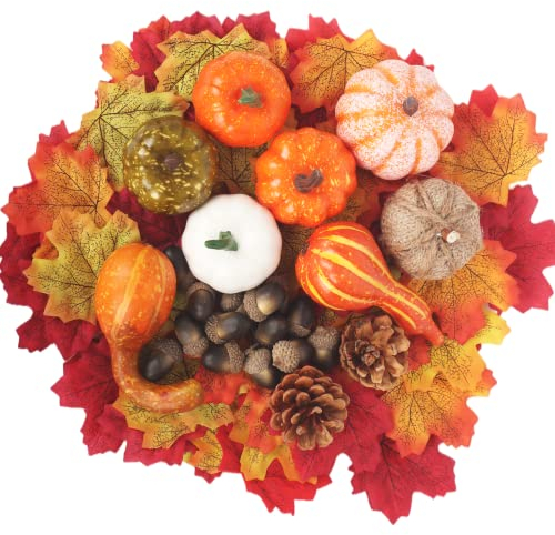 POPOYU 123 Stück Herbst Tischdekoration Künstliche Kürbisse Set mit Zierkürbisse Eicheln Tannenzapfen Blätter Deko
