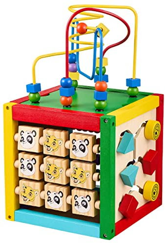 Balinco MOTORIKWÜRFEL „Dschungel“, 5-Seitig, Inkl. Perlen Labyrinth, Abakus, Baustein-Schiebelabyrinth, Tiger Zeiger Uhr, Würfel, Holzspielzeug