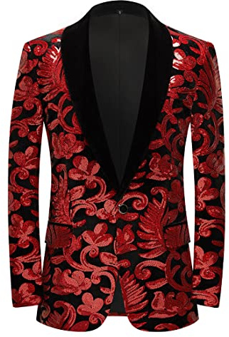 PYJTRL Hombres Moda Terciopelo Lentejuelas Patrón Floral Traje Chaqueta Blazer (2XL, Rojo)