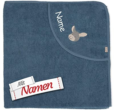 Sterntaler Kapuzenhandtuch Esel Emmi in Blaugrau personalisiert mit Namen, GOTS Zertifiziert Badetuch Bestickt für Baby & Kinder, Junge Mädchen Badehandtuch/Kinder-Badetuch mit Kapuze