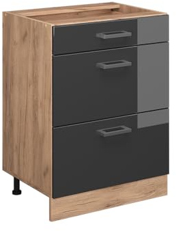 Vicco Küchenunterschrank R-Line, Anthrazit Hochglanz, 60 cm | 3 Schubladen · Ohne Arbeitsplatte · Höhenverstellbare Füße · ✓ Leichter Zugriff · ✓ Frei kombinierbar