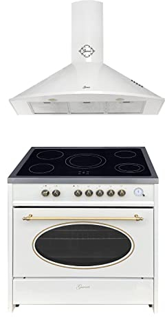 GURARI Herdset GCH E 912 Cr r + GCH C 046 WH 9, Retro Standherd 90 cm, Range Coocker, 121 L, Creme + Dunstabzugshaube, Wandhaube 90 cm, Weiß, Abluft/Umluft, Abzugshaube, 1000m3/h