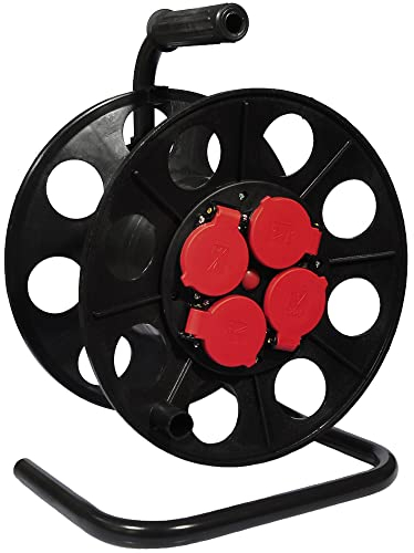 Leere Kabeltrommel Leertrommel für bis 50m mit 4 spritzwassergeschützte Schutzkontaktsteckdosen IP44 Schwarz