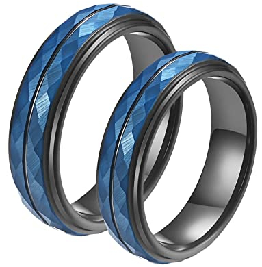 Verlobungsringe Paar mit Gravur, Freundschaftsringe Paar Blau Wolframcarbid Facettenreich und 5mm Verlobungsringe Valentinstag Schmuck
