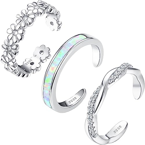 JeryWe 3Pcs 925 Sterling Silber Zehenringe für Damen Mädchen Blume Twist Opal Band Fuß Ringe Verstellbare 14K Weißgold gefüllte Sommer Strand offene Zehenringe Fußschmuck Set Hypoallergen Silber