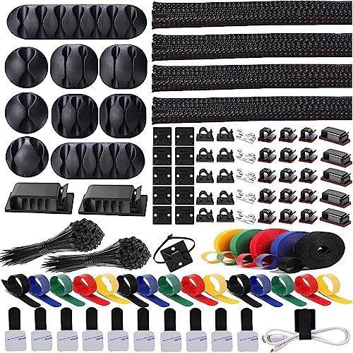 ELII 300PCS Cable Management Kit,4 Cable Sleeve 35 Cable Clips with 11Cord Holders,20 Roll Cable Organizer Straps and 200 Fastening Cable Ties,20 Cable Zip Tie Mounts for Computer TV Under Desk