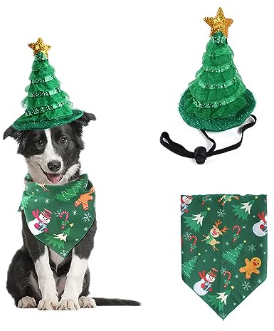 AWOCAN Weihnachtskostüm für Hunde und Katzen, Weihnachtsbaum-Stirnband, Bandana, Schal, für Welpen, Kätzchen, Weihnachten, Haustier-Party, Weihnachtsset, Kleidung (grün)