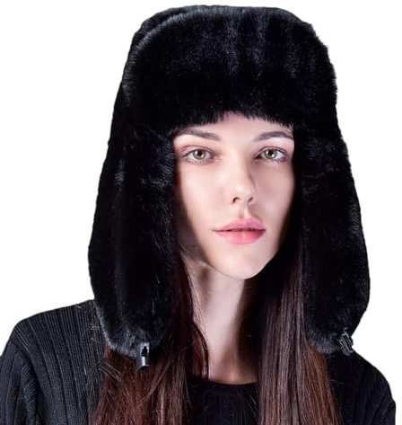 GIBZ Flauschig Wintermütze für Damen, Weiche Fliegermütze aus Kunstpelz, Warme Trappermütze mit Ohrenklappen, für den Outdoor, zum Skifahren, Schwarz