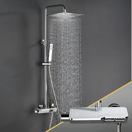 Görbach Acciaio INOX Colonna Doccia con Termostatico Colonna Doccia Rubinetto con Soffione con Miscelatore, Set Doccia a Pioggia con Doccetta Cromo(30×30cm Quadrato)