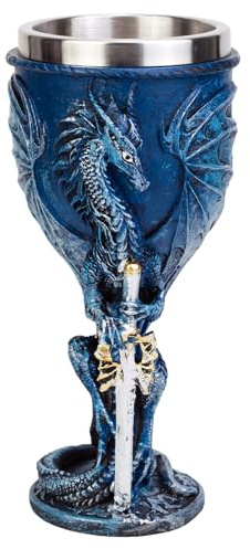 Medieval Blue Dragon Holding Sword Goblet Resin Wine Cup with Stainless Steel Lining Unique Hand-Painted Cup Father's Day Gift (BM030-5)