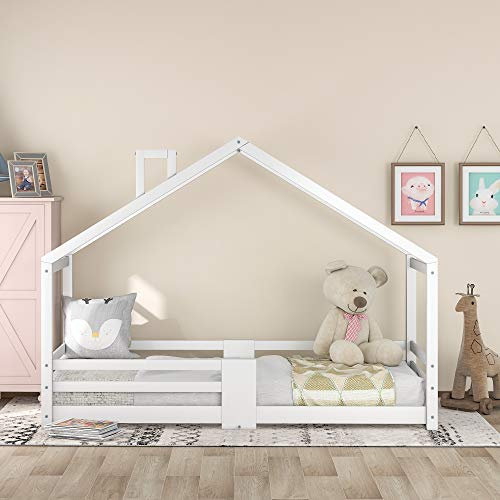 Skcess Kinderbett Hausbett mit Schornstein Rausfallschutz Robuste Lattenroste,Kiefernholz Haus Bett for Kids 90 x 200 cm ohne Matratze Weiß