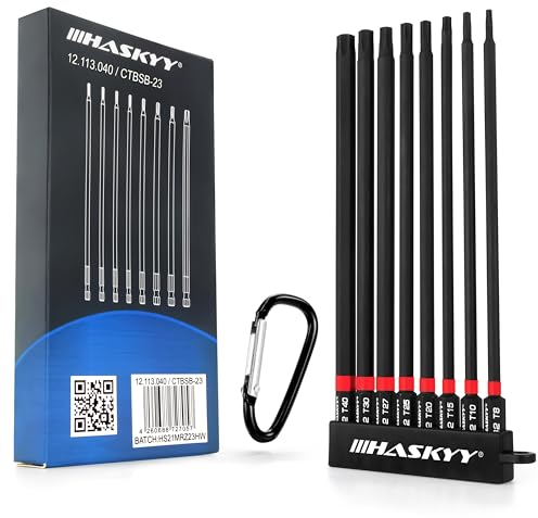 Haskyy Set Punte Torx da 1/4 Pollici, Lunghezza 150 mm, T8 - T40, Punta Lunga Torx Magnetica, 8 Pezzi, Batteria per cacciavite, Nero/Rosso, Set di Punte esagonali
